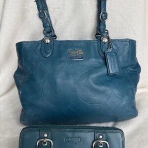 Coach Hangbag Teal Leather Shoulder Satchel Bag with Wallet